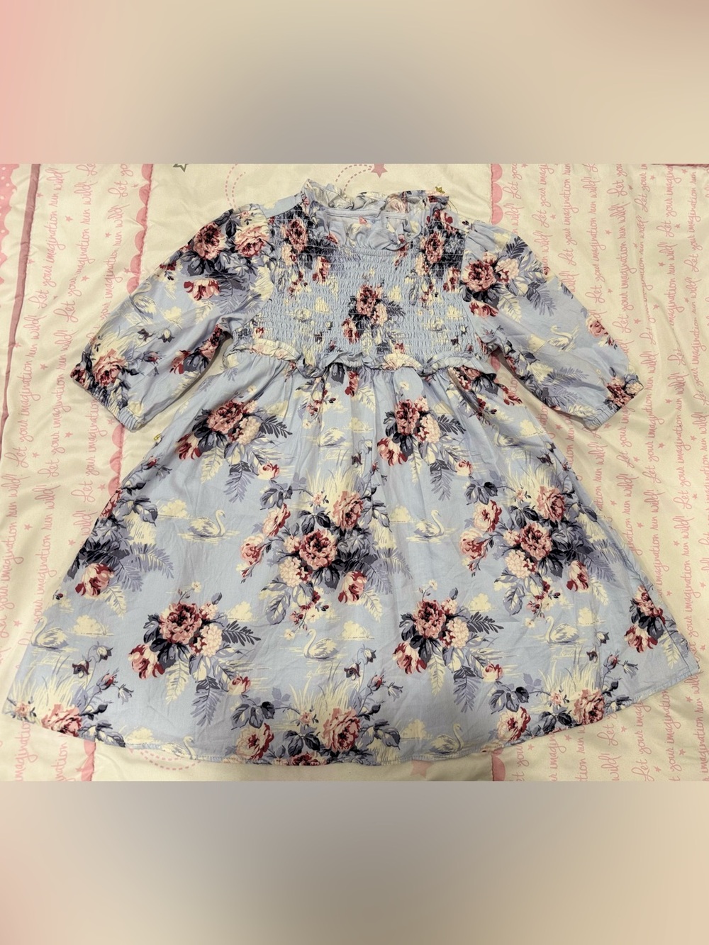 4, Janie and Jack Light Blue Floral & Swan Smocked Dress